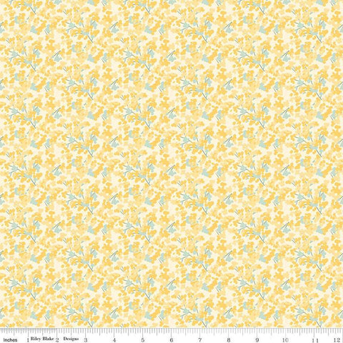 Image of the New Beginnings Blossoms Yellow quilting cotton fabric by Riley Blake Designs. Features flowers on a yellow background. Cute Little Fabric Shop