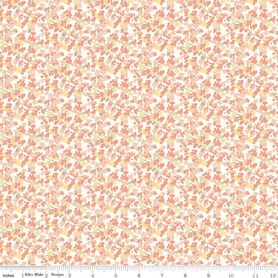 Image of the New Beginnings Blossoms Blush quilting cotton fabric by Riley Blake Designs. Features flowers on a coral background. Cute Little Fabric Shop