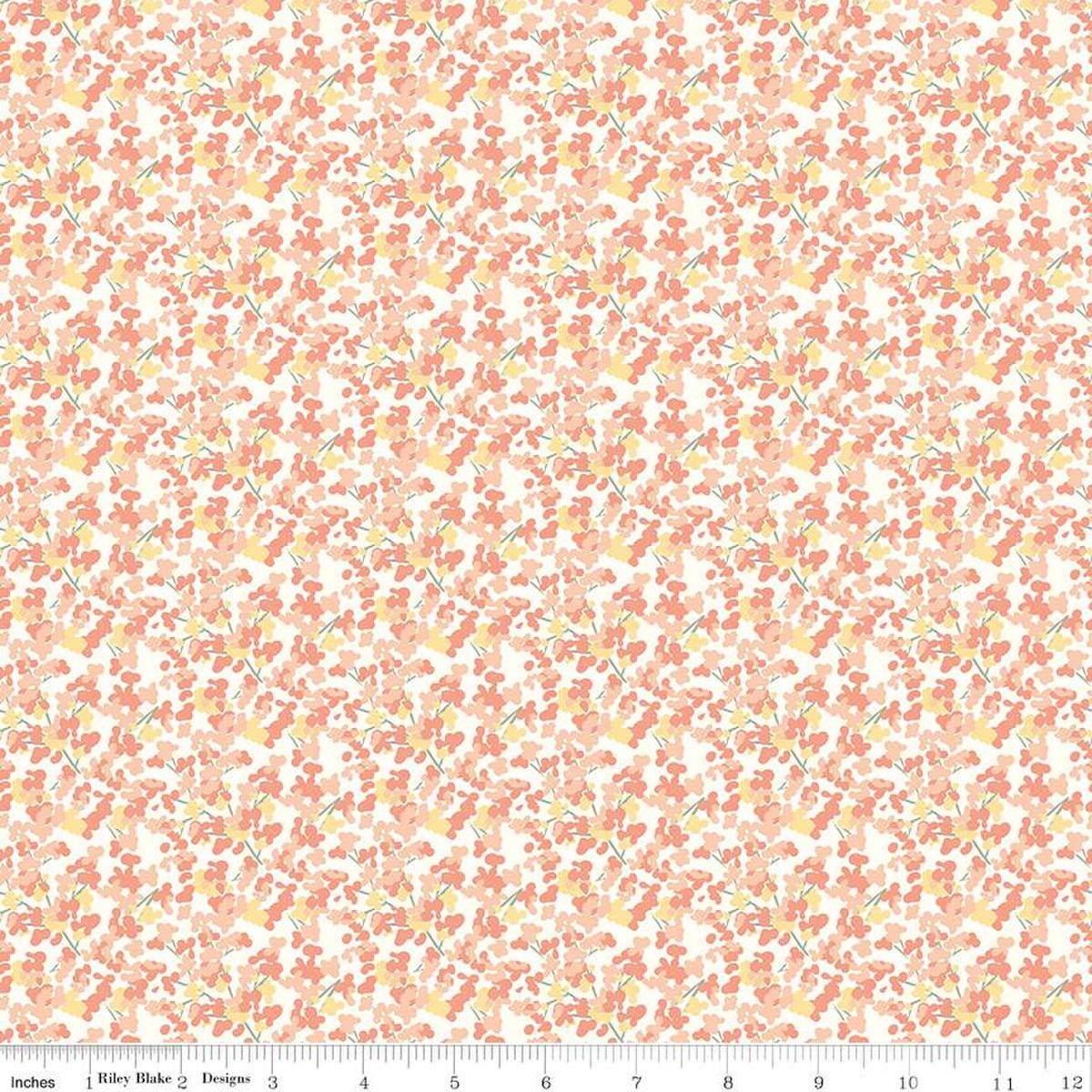Image of the New Beginnings Blossoms Blush quilting cotton fabric by Riley Blake Designs. Features flowers on a coral background. Cute Little Fabric Shop
