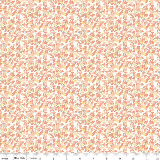 Image of the New Beginnings Blossoms Blush quilting cotton fabric by Riley Blake Designs. Features flowers on a coral background. Cute Little Fabric Shop