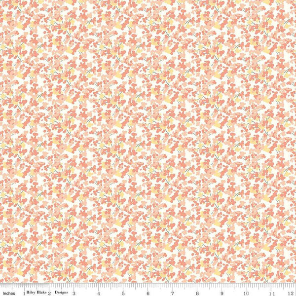 Image of the New Beginnings Blossoms Blush quilting cotton fabric by Riley Blake Designs. Features flowers on a coral background. Cute Little Fabric Shop