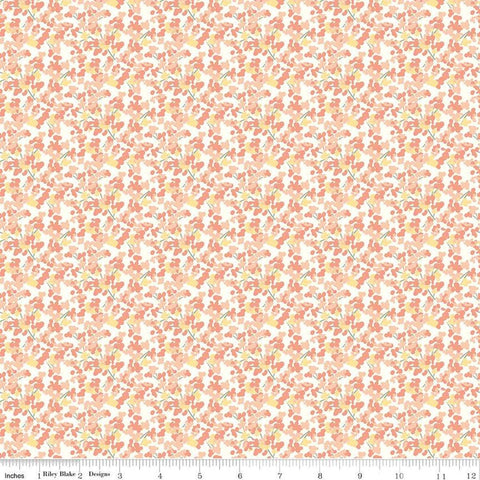 Image of the New Beginnings Blossoms Blush quilting cotton fabric by Riley Blake Designs. Features flowers on a coral background. Cute Little Fabric Shop