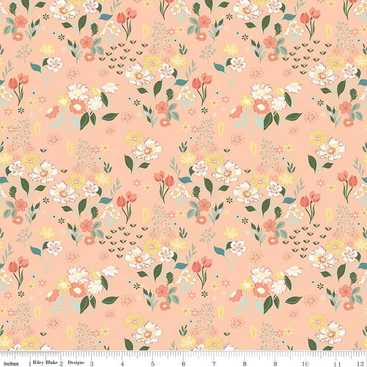 Image of the New Beginnings Floral Blush quilting cotton fabric by Riley Blake Designs. Features flowers on a coral background. Cute Little Fabric Shop