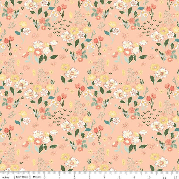 Image of the New Beginnings Floral Blush quilting cotton fabric by Riley Blake Designs. Features flowers on a coral background. Cute Little Fabric Shop