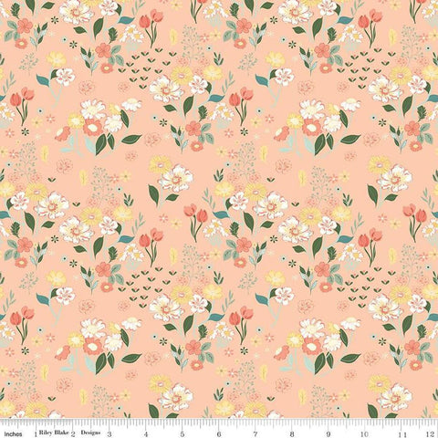 Image of the New Beginnings Floral Blush quilting cotton fabric by Riley Blake Designs. Features flowers on a coral background. Cute Little Fabric Shop