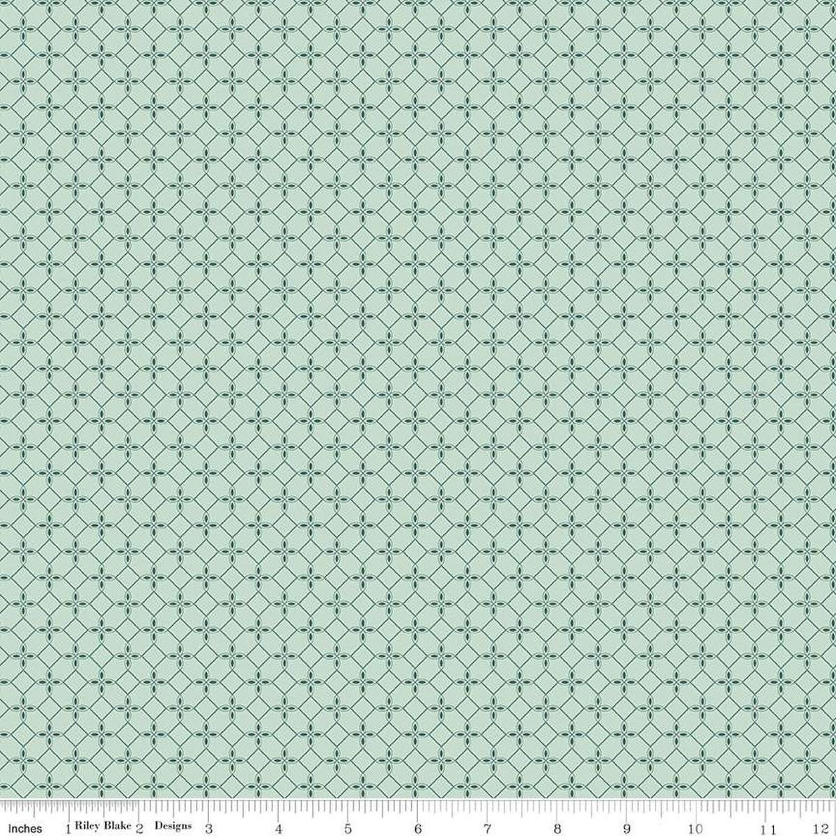 Image of the New Beginnings Tile Mist quilting cotton fabric by Riley Blake Designs. Features geometric mosaics on a teal background. Cute Little Fabric Shop
