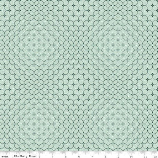 Image of the New Beginnings Tile Mist quilting cotton fabric by Riley Blake Designs. Features geometric mosaics on a teal background. Cute Little Fabric Shop