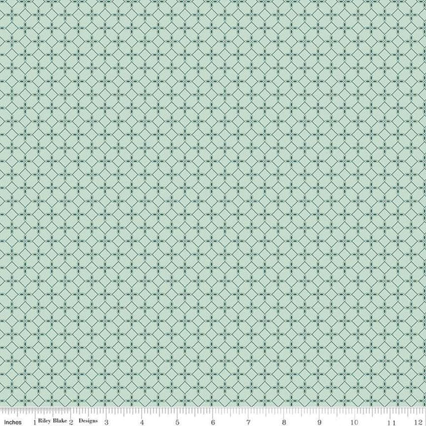 Image of the New Beginnings Tile Mist quilting cotton fabric by Riley Blake Designs. Features geometric mosaics on a teal background. Cute Little Fabric Shop