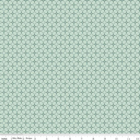 Image of the New Beginnings Tile Mist quilting cotton fabric by Riley Blake Designs. Features geometric mosaics on a teal background. Cute Little Fabric Shop