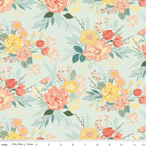 Image of the New Beginnings Main Mist quilting cotton fabric by Riley Blake Designs. Features flowers on a blue background. Cute Little Fabric Shop