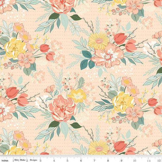 Image of the New Beginnings Main Blush quilting cotton fabric by Riley Blake Designs. Features flowers on a pink background. Cute Little Fabric Shop