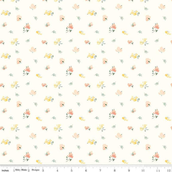 Image of the New Beginnings Sweet Peas Cream quilting cotton fabric by Riley Blake Designs. Features flowers on a cream background. Cute Little Fabric Shop