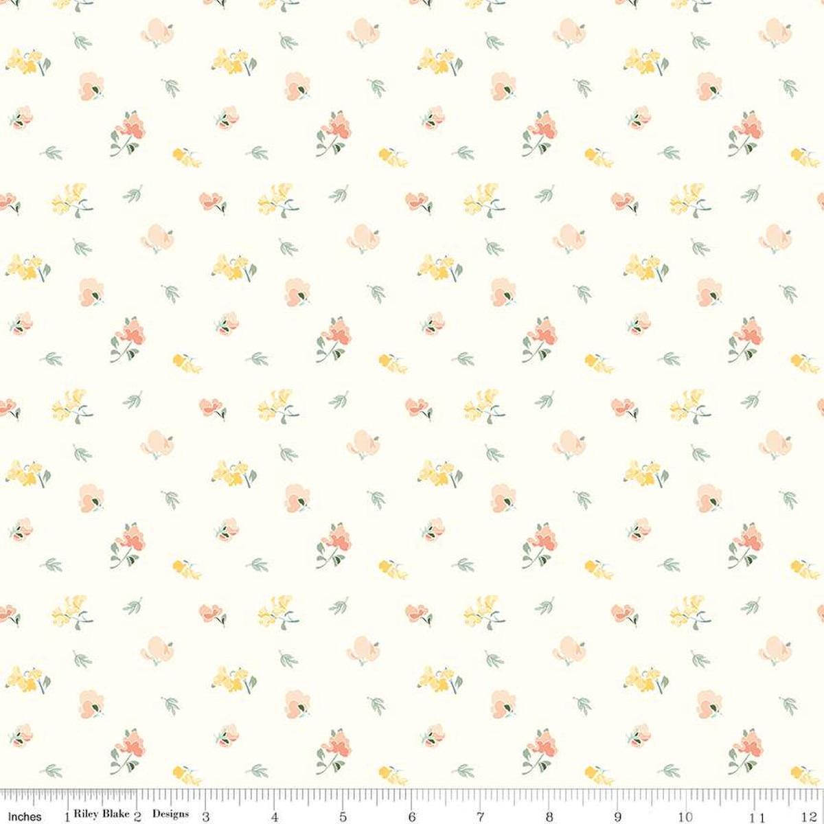 Image of the New Beginnings Sweet Peas Cream quilting cotton fabric by Riley Blake Designs. Features flowers on a cream background. Cute Little Fabric Shop