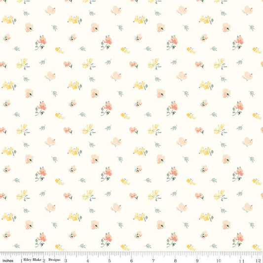 Image of the New Beginnings Sweet Peas Cream quilting cotton fabric by Riley Blake Designs. Features flowers on a cream background. Cute Little Fabric Shop