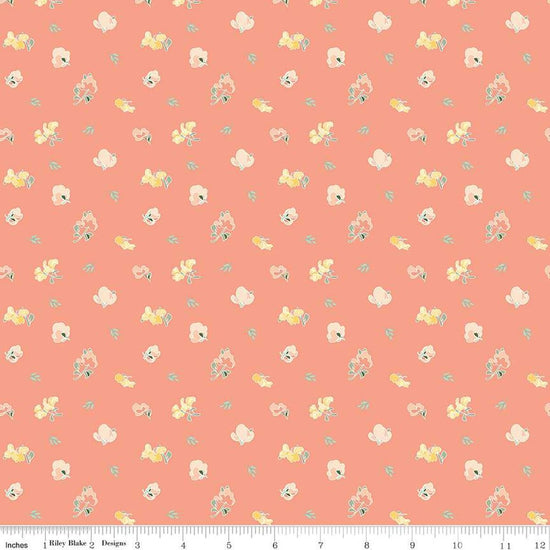 Image of the New Beginnings Sweet Peas Apricot quilting cotton fabric by Riley Blake Designs. Features flowers on a coral background. Cute Little Fabric Shop