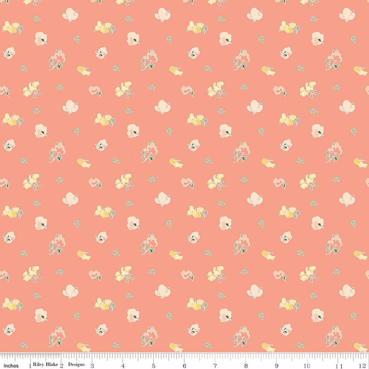 Image of the New Beginnings Sweet Peas Apricot quilting cotton fabric by Riley Blake Designs. Features flowers on a coral background. Cute Little Fabric Shop