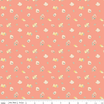 Image of the New Beginnings Sweet Peas Apricot quilting cotton fabric by Riley Blake Designs. Features flowers on a coral background. Cute Little Fabric Shop