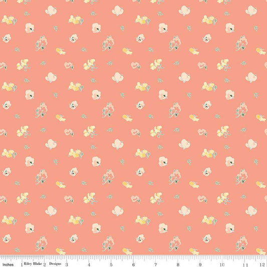 Image of the New Beginnings Sweet Peas Apricot quilting cotton fabric by Riley Blake Designs. Features flowers on a coral background. Cute Little Fabric Shop