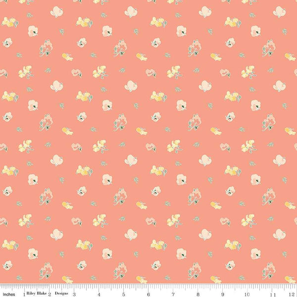 Image of the New Beginnings Sweet Peas Apricot quilting cotton fabric by Riley Blake Designs. Features flowers on a coral background. Cute Little Fabric Shop