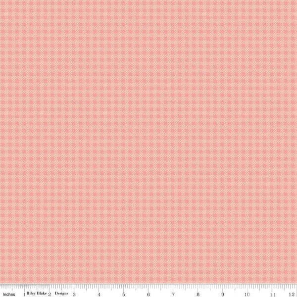 Image of the Precious Petites Gingham Coral quilting cotton fabric by Gerri Robinson for Riley Blake Designs. Features gingham on a coral background. Cute Little Fabric Shop