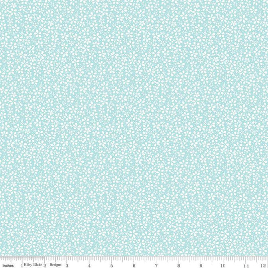 Image of the Precious Petites Daisies Aqua quilting cotton fabric by Gerri Robinson for Riley Blake Designs. Features flowers on a blue background. Cute Little Fabric Shop