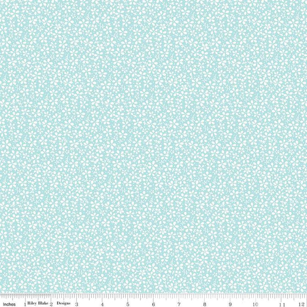 Image of the Precious Petites Daisies Aqua quilting cotton fabric by Gerri Robinson for Riley Blake Designs. Features flowers on a blue background. Cute Little Fabric Shop