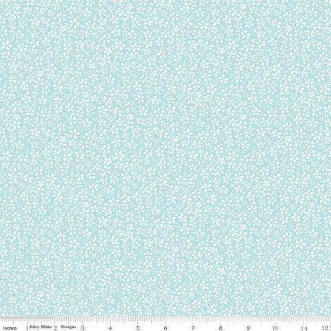 Image of the Precious Petites Daisies Aqua quilting cotton fabric by Gerri Robinson for Riley Blake Designs. Features flowers on a blue background. Cute Little Fabric Shop