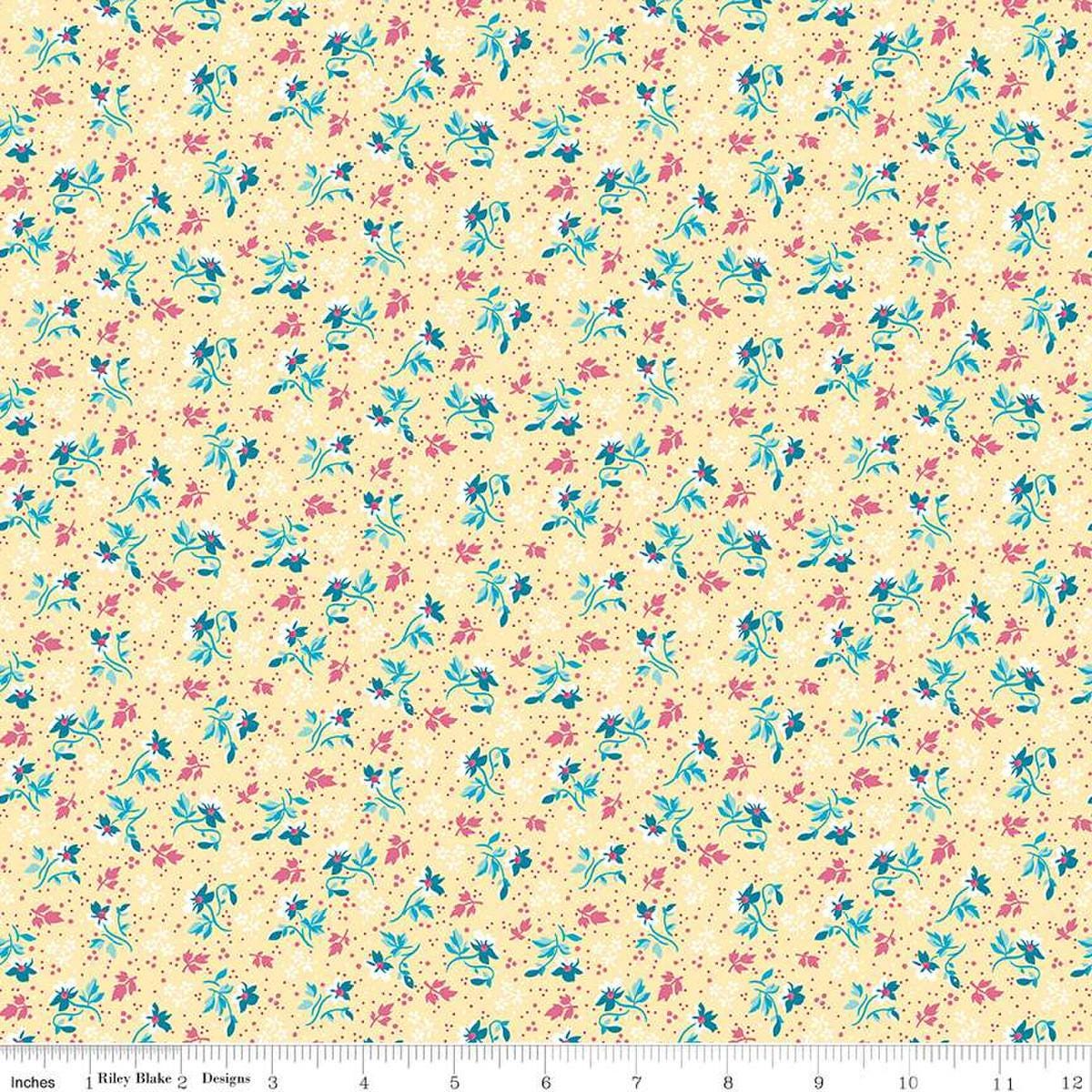 Image of the Precious Petites Flowers Yellow quilting cotton fabric by Gerri Robinson for Riley Blake Designs. Features flowers on a yellow background. Cute Little Fabric Shop