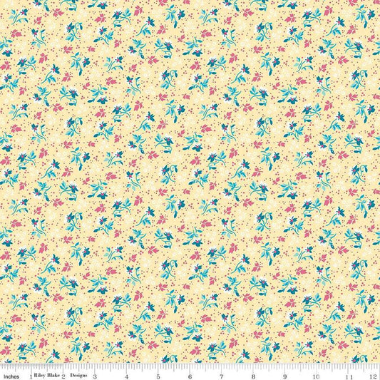Image of the Precious Petites Flowers Yellow quilting cotton fabric by Gerri Robinson for Riley Blake Designs. Features flowers on a yellow background. Cute Little Fabric Shop