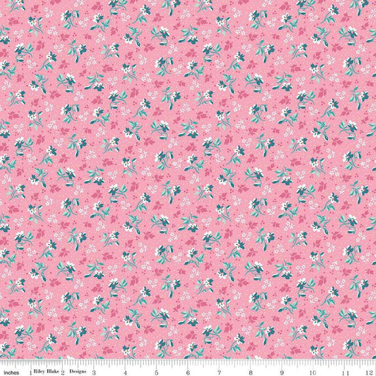Image of the Precious Petites Flowers Pink quilting cotton fabric by Gerri Robinson for Riley Blake Designs. Features flowers on a pink background. Cute Little Fabric Shop