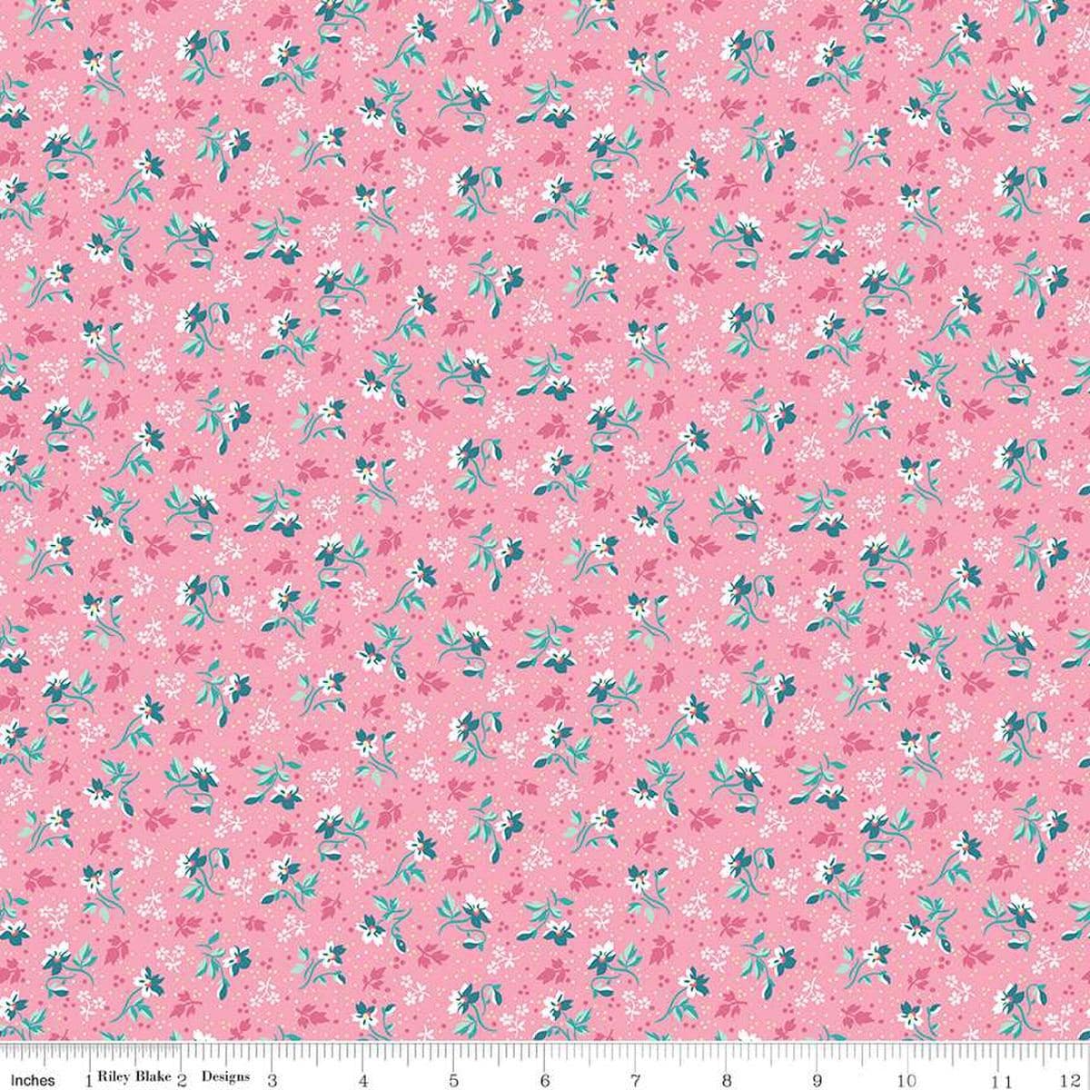 Image of the Precious Petites Flowers Pink quilting cotton fabric by Gerri Robinson for Riley Blake Designs. Features flowers on a pink background. Cute Little Fabric Shop