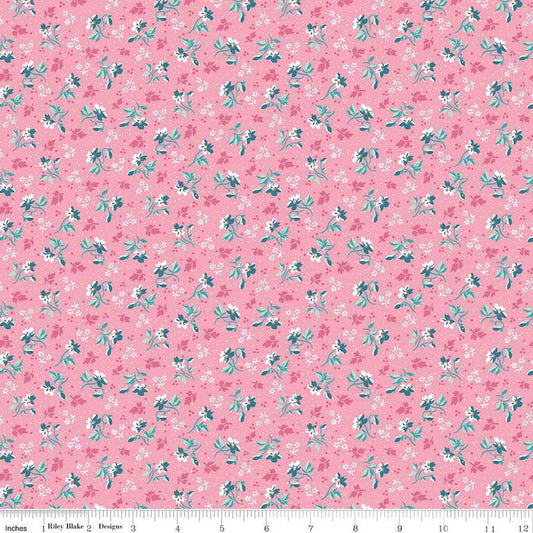 Image of the Precious Petites Flowers Pink quilting cotton fabric by Gerri Robinson for Riley Blake Designs. Features flowers on a pink background. Cute Little Fabric Shop