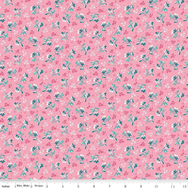 Image of the Precious Petites Flowers Pink quilting cotton fabric by Gerri Robinson for Riley Blake Designs. Features flowers on a pink background. Cute Little Fabric Shop