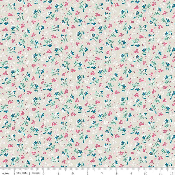 Image of the Precious Petites Flowers Ash quilting cotton fabric by Gerri Robinson for Riley Blake Designs. Features flowers on a gray background. Cute Little Fabric Shop