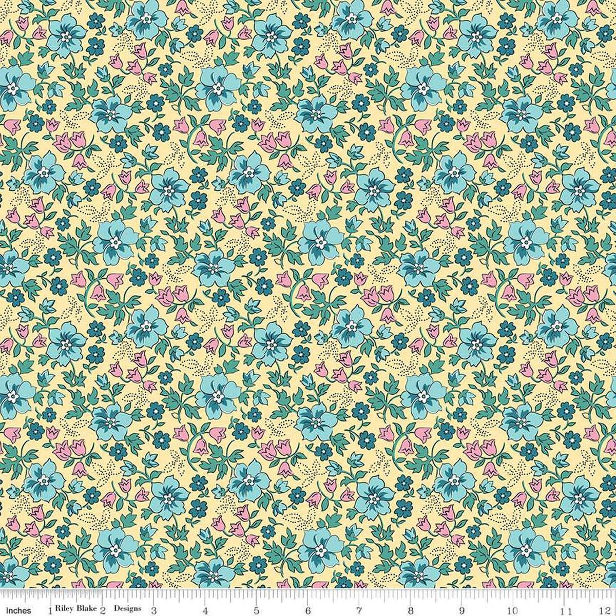 Image of the Precious Petites Garden Yellow quilting cotton fabric by Gerri Robinson for Riley Blake Designs. Features flowers on a yellow background. Cute Little Fabric Shop