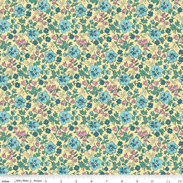 Image of the Precious Petites Garden Yellow quilting cotton fabric by Gerri Robinson for Riley Blake Designs. Features flowers on a yellow background. Cute Little Fabric Shop