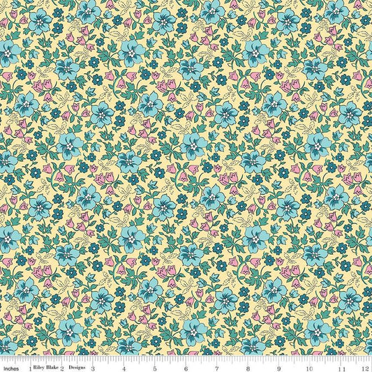 Image of the Precious Petites Garden Yellow quilting cotton fabric by Gerri Robinson for Riley Blake Designs. Features flowers on a yellow background. Cute Little Fabric Shop
