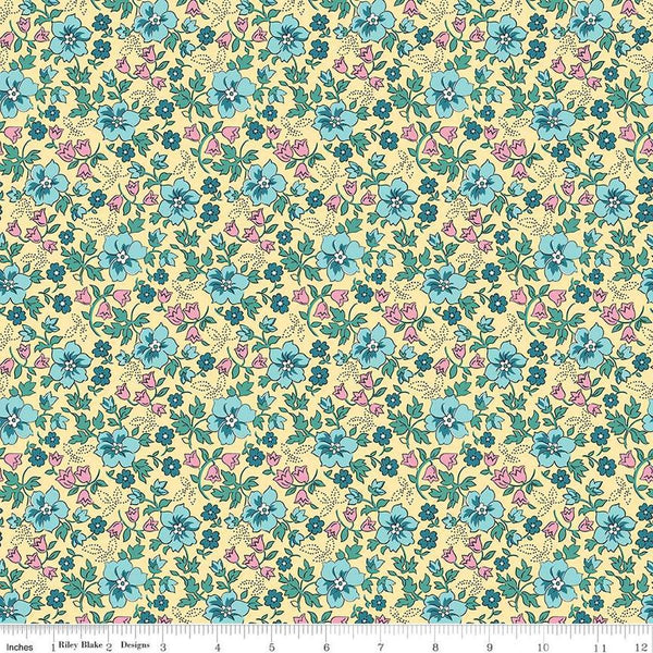 Image of the Precious Petites Garden Yellow quilting cotton fabric by Gerri Robinson for Riley Blake Designs. Features flowers on a yellow background. Cute Little Fabric Shop