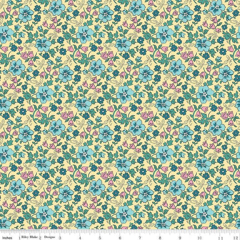 Image of the Precious Petites Garden Yellow quilting cotton fabric by Gerri Robinson for Riley Blake Designs. Features flowers on a yellow background. Cute Little Fabric Shop