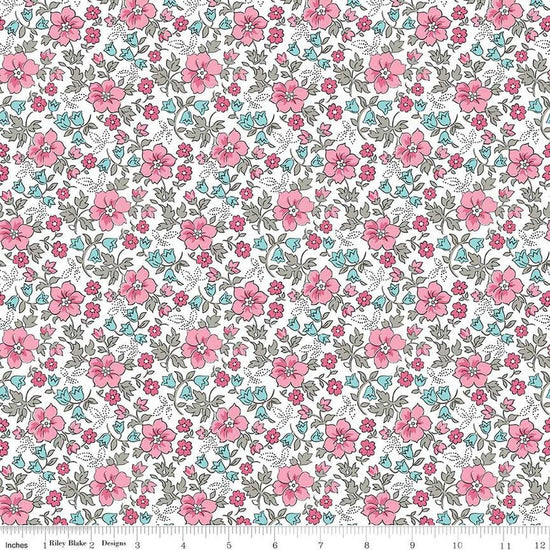 Image of the Precious Petites Garden White quilting cotton fabric by Gerri Robinson for Riley Blake Designs. Features flowers on a white background. Cute Little Fabric Shop