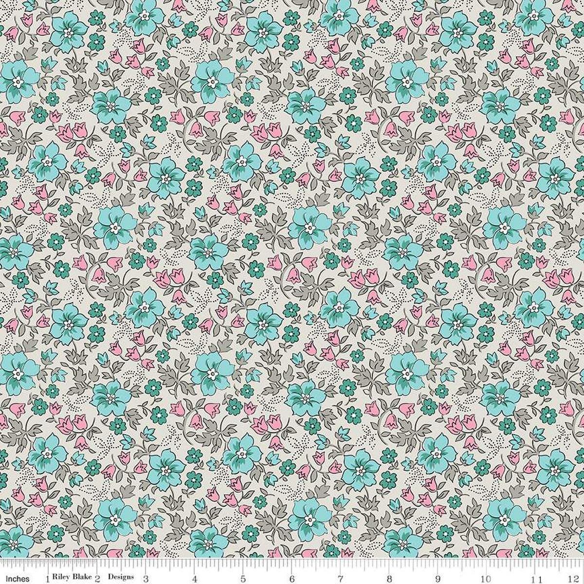 Image of the Precious Petites Garden Ash quilting cotton fabric by Gerri Robinson for Riley Blake Designs. Features flowers on a gray background. Cute Little Fabric Shop