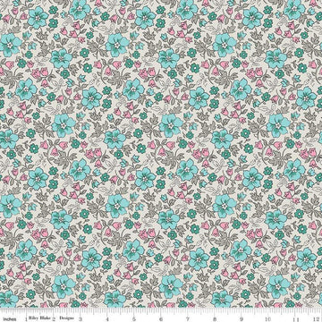 Image of the Precious Petites Garden Ash quilting cotton fabric by Gerri Robinson for Riley Blake Designs. Features flowers on a gray background. Cute Little Fabric Shop