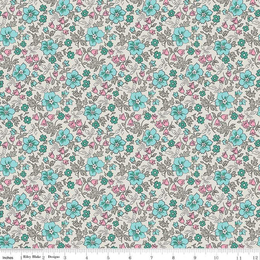 Image of the Precious Petites Garden Ash quilting cotton fabric by Gerri Robinson for Riley Blake Designs. Features flowers on a gray background. Cute Little Fabric Shop