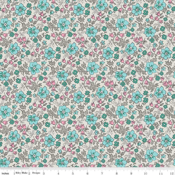 Image of the Precious Petites Garden Ash quilting cotton fabric by Gerri Robinson for Riley Blake Designs. Features flowers on a gray background. Cute Little Fabric Shop