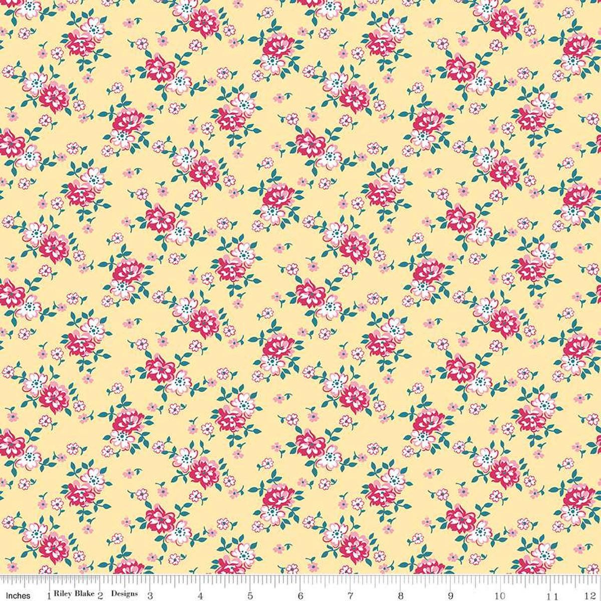 Image of the Precious Petites Bouquet Yellow quilting cotton fabric by Gerri Robinson for Riley Blake Designs. Features flowers on a yellow background. Cute Little Fabric Shop
