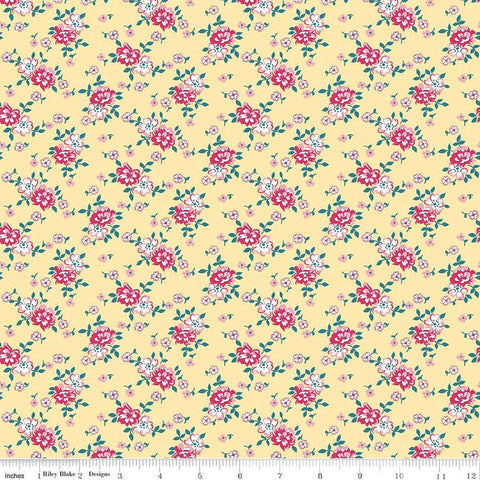 Image of the Precious Petites Bouquet Yellow quilting cotton fabric by Gerri Robinson for Riley Blake Designs. Features flowers on a yellow background. Cute Little Fabric Shop