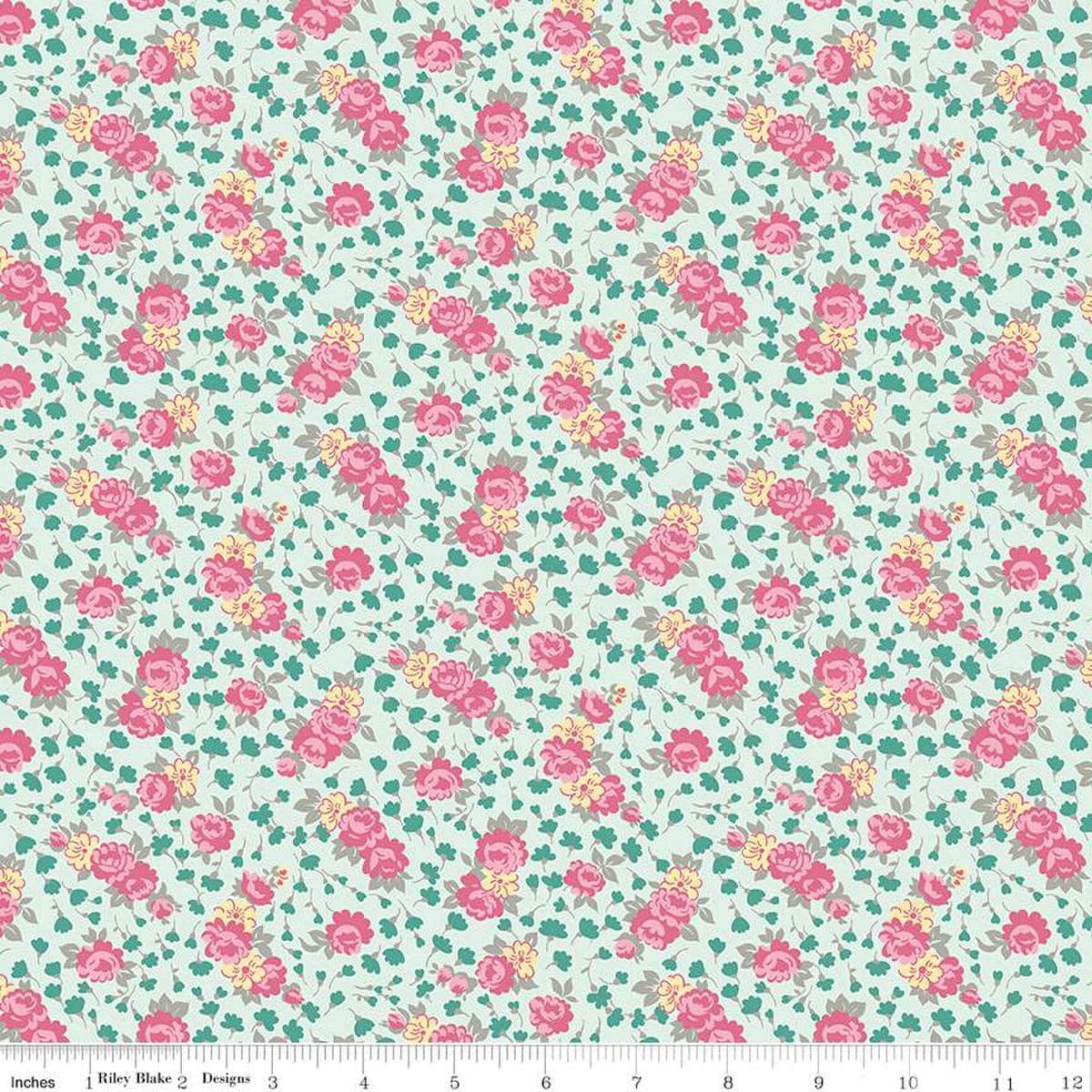 Image of the Precious Petites Roses Mist quilting cotton fabric by Gerri Robinson for Riley Blake Designs. Features flowers on a blue background. Cute Little Fabric Shop