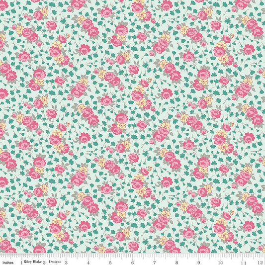 Image of the Precious Petites Roses Mist quilting cotton fabric by Gerri Robinson for Riley Blake Designs. Features flowers on a blue background. Cute Little Fabric Shop