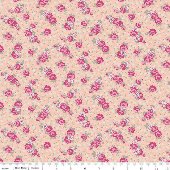 Image of the Precious Petites Roses Coral quilting cotton fabric by Gerri Robinson for Riley Blake Designs. Features flowers on a coral background. Cute Little Fabric Shop