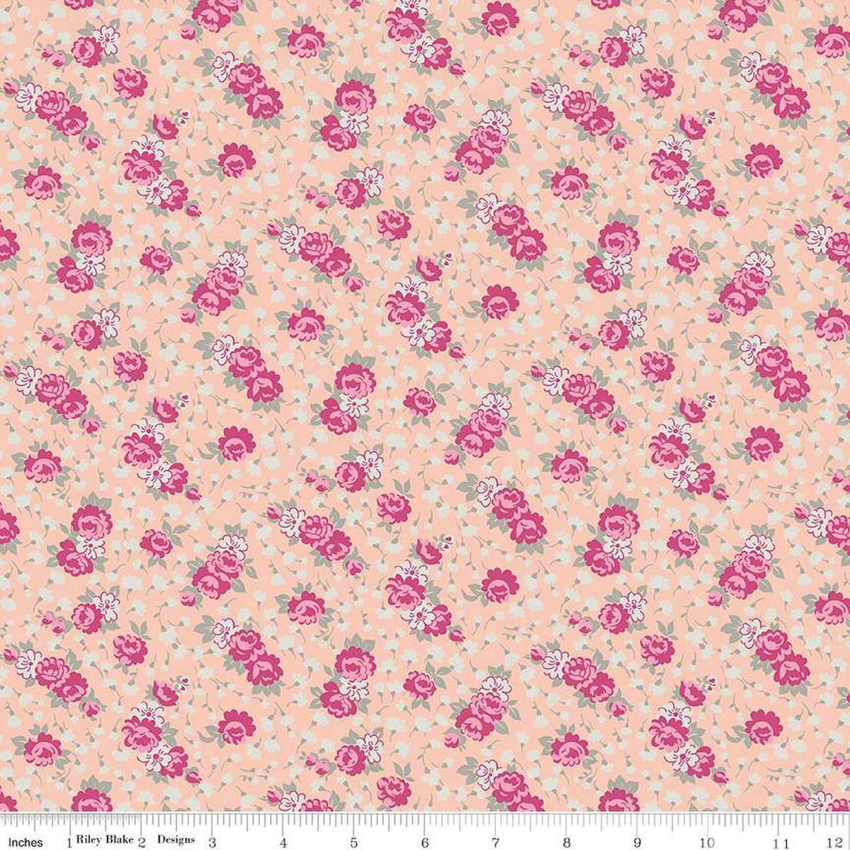 Image of the Precious Petites Roses Coral quilting cotton fabric by Gerri Robinson for Riley Blake Designs. Features flowers on a coral background. Cute Little Fabric Shop
